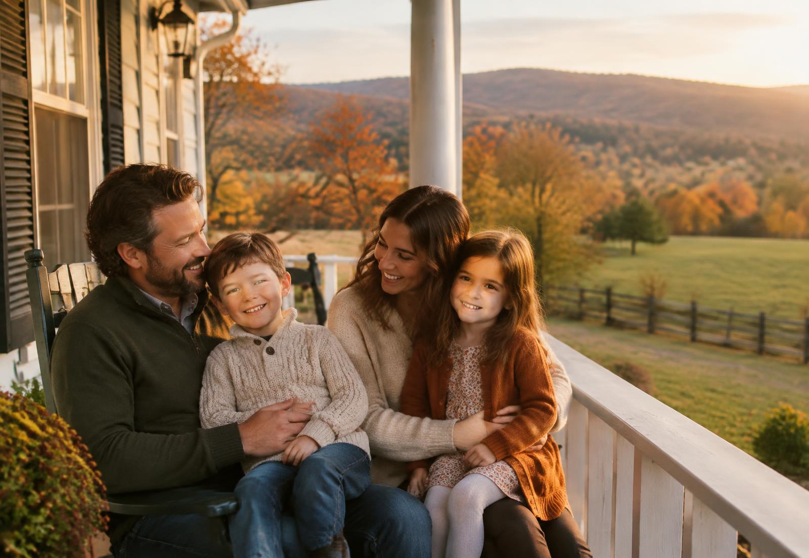 A family sharing a moment on their front porch